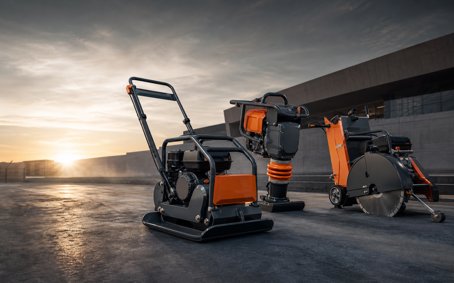 Plate compactor, tamping rammer and concrete cutter on a jobsite
